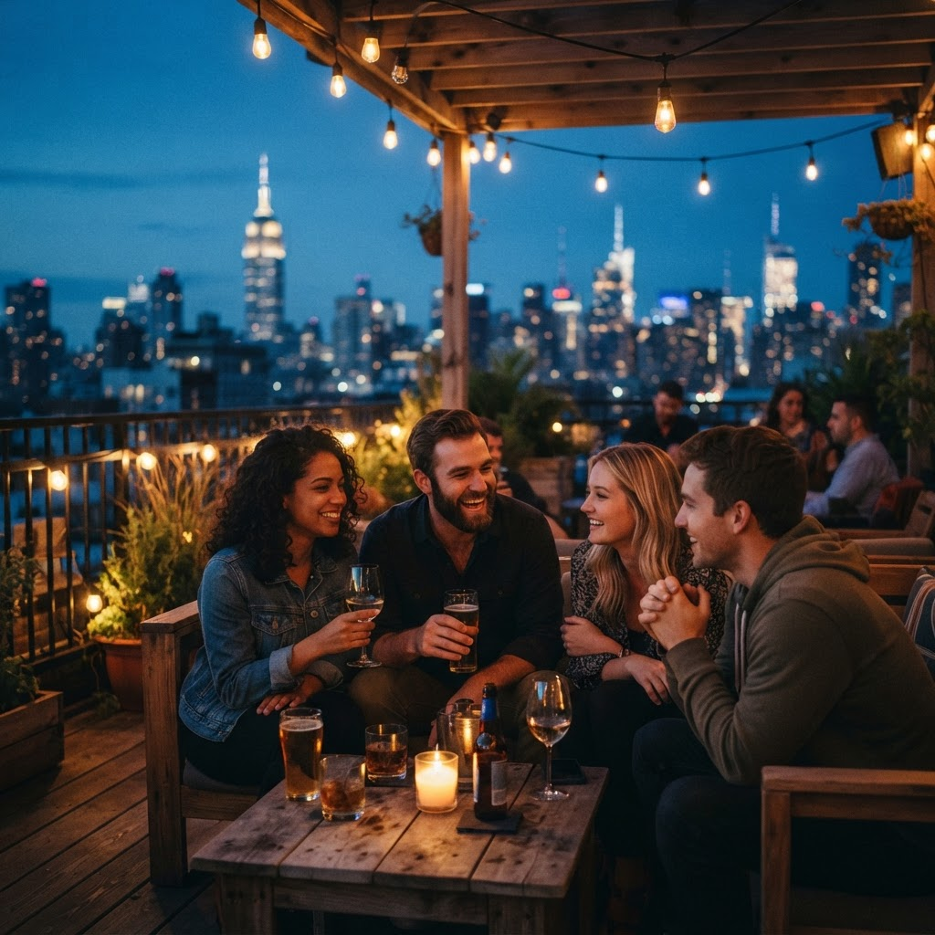 Friends sharing drinks on a city rooftop at dusk under warm string lights